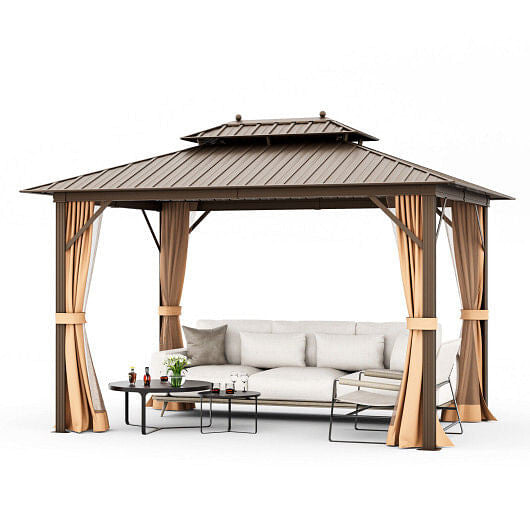 10x13ft Double-Roof Patio Hardtop Gazebo with Galvanized Steel Roof Netting and Curtains-Coffee-0